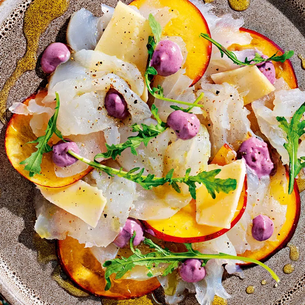 Carpaccio di melone, anatra, Porto e ribes
